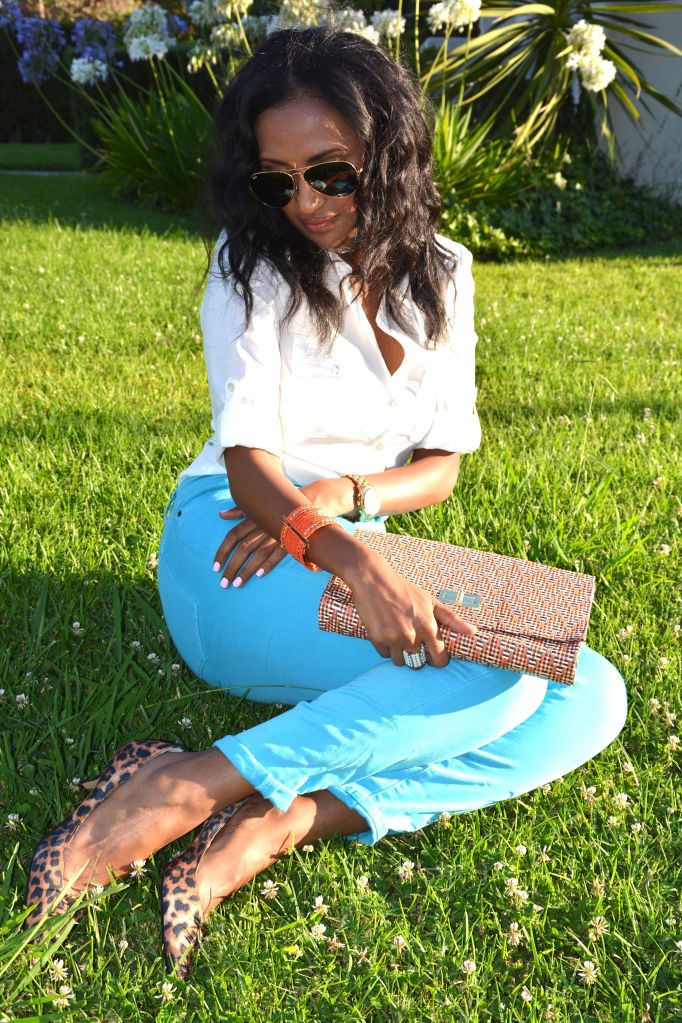 Helena is Wearing... animal print calf flats: DV By Dolce Vita aqua blue denim jeans: Urban Outfitters white button down: H&M sunglasses: Ray-Bans  watch: Michael Kors bracelet: gift from my mom  straw handbag: H&M